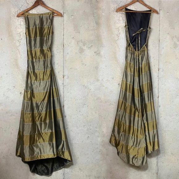 Jessica McClintock Dresses & Skirts - Jessica mcClintok Y2k 2000 olive green striped satin formal maxi dress xs 2